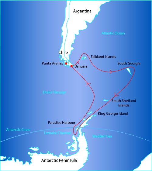 Route Map for the Antarctica Circle via Falklands and South Georgia Cruise