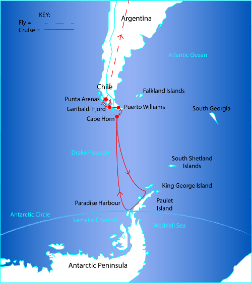 Route Map for the Antarctica via Chilean Fjords Cruise