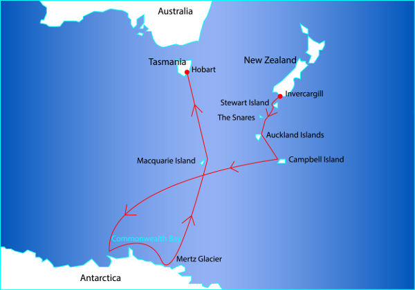 Route Map for the East Antarctica Cruise